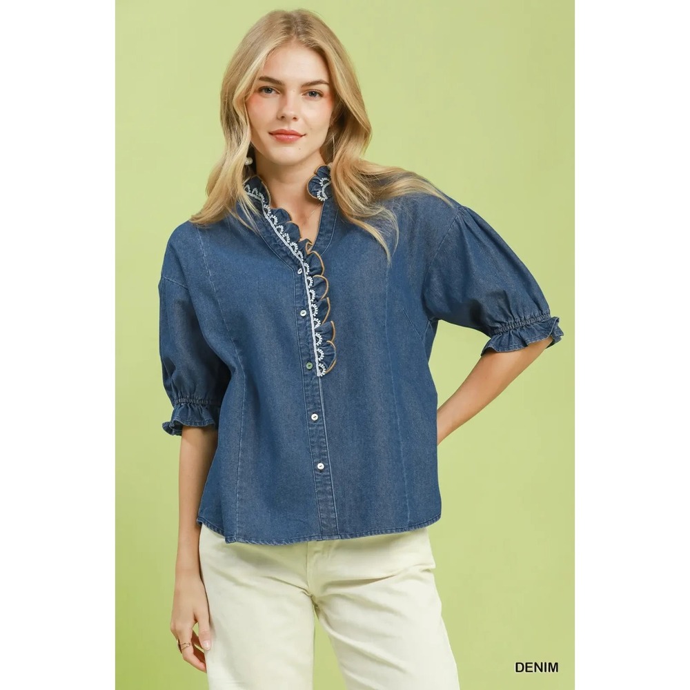 Umgee Chambray Scalloped Trim Button Front Blouse - Denim - Large